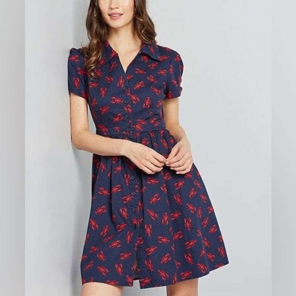 Twee ModCloth Summer Cool Fit & Flare Navy Red Lobster Shirt Dress SZ M